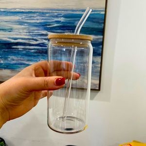 Can shaped glass tumbler with bamboo lid and straw